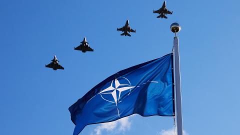 Fighter jets execute a flyover dedicated to the nineteenth anniversary of Lithuania's accession to NATO on March 29, 2023, in Vilnius, Lithuania. (Photo by Oleg Nikishin/Getty Images)