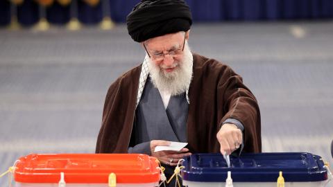 Iran's supreme leader Ayatollah Ali Khamenei casts his ballot during the parliamentary and key clerical body elections at a polling station in Tehran on March 1, 2024.  (Photo by Atta KENARE / AFP) (Photo by ATTA KENARE/AFP via Getty Images)
