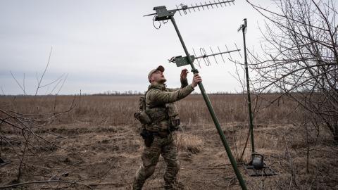 Ukrainian servicemen operate a Valkyrie reconnaissance drone in the direction of Lyman, Ukraine, on March 3, 2024. (Wolfgang Schwan via Getty Images)