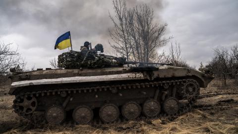 Ukrainian soldiers on a BWP infantry fighting vehicle prepare for combat near of Lyman, Ukraine, on March 17, 2024. (Photo by Jose Colon/Anadolu via Getty Images)
