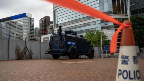 An armored police vehicle is parked outside the Legislative Council complex in Hong Kong, China, on March 19, 2024. (Vernon Yuen via Getty Images)