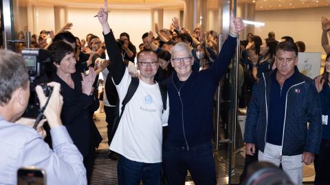 Tim Cook, chief executive officer of Apple, arrives for the opening ceremony of a new Apple store in Shanghai, China, on March 21, 2024. (VCG via Getty Images)