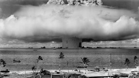 The United States detonates an atomic bomb at Bikini Atoll in Micronesia for the first underwater test of the device in 1946. (Wikimedia Commons)