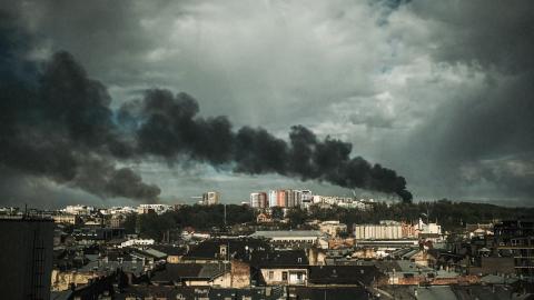 Smoke rises on the horizon following missile strikes on Lviv on April 18, 2022. The missile strikes come in the wake of the sinking of the Russian Navy Flagship, Moskva, in the Black Sea. (Photo by Matthew Hatcher via Getty Images)