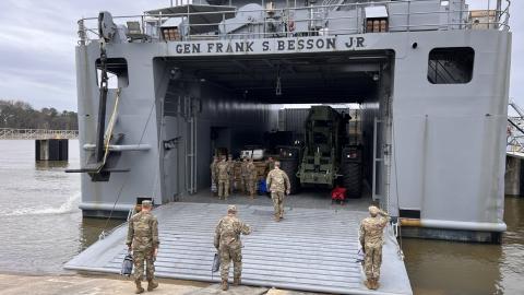 The USS General Frank Besson departs Langley, Virginia, for the Gaza to begin construction on the Gaza aid pier on March 9, 2024. (US Central Command via DVIDS)