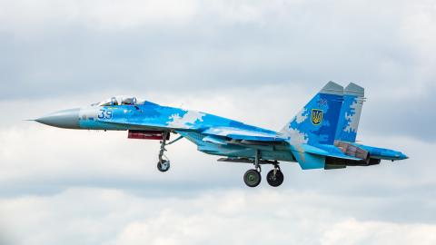 An SU-27 of the Ukrainian Air Force on final approach at Kleine Brogel Military Air Base in Belgium on September 13, 2019. (Nicolas Economou via Getty Images)