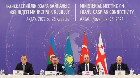 Turkish Foreign Minister Mevlut Cavusoglu, Minister of Foreign Affairs of Azerbaijan Jeyhun Bayramov, Minister of Foreign Affairs of Kazakhstan Mukhtar Tleuberdi, and Deputy Minister of Foreign Affairs of Georgia Alexander Khvtisiashvili attend a press conference after a ministerial meeting on Trans-Caspian connectivity in Aktau, Kazakhstan, on November 25, 2022. (Photo by Cem Ozdel/Anadolu Agency via Getty Images)