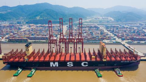 The largest container ship in the world, the MSC Michel Cappellini, at Ningbo Zhoushan Port on June 2, 2023 in Ningbo, China. (Photo by Jiang Xiaodong/VCG via Getty Images)