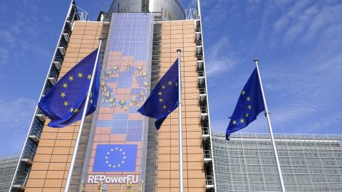 The flags of the European Union in front of the EU Commission headquarters on August 31, 2023, in Brussels, Belgium. (Thierry Monasse via Getty Images)