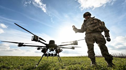 A serviceman launches a Vampire drone in Zaporizhzhia, Ukraine, on February 2, 2024. (Photo by Ukrinform/NurPhoto via Getty Images)