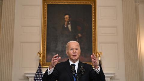 President Joe Biden speaks about Ukraine aid in the State Dining Room of the White House in Washington, DC, on February 13, 2024. (Jim Watson via Getty Images)
