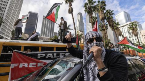 Anti-Israel protestors rally on March 2, 2024, in Los Angeles, California. (Photo by David McNew/Getty Images)