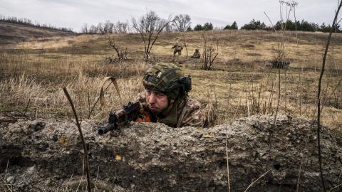 Ukrainian soldiers participate in a military training drill at an undisclosed location in Donetsk Oblast, Ukraine, on March 6, 2024. (Jose Colon via Getty Images)