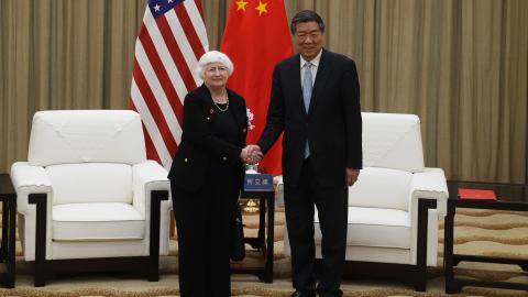 US Treasury Secretary Janet Yellen shakes hands with Chinese Vice Premier He Lifeng prior to a meeting on April 6, 2024, in Guangzhou, China. (Ken Ishii via Getty Images)
