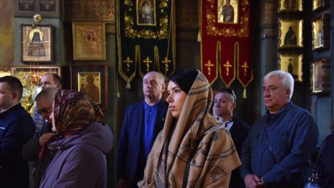 Believers pray at the Church of Saint Yuri the Victorious on Holy Cross Sunday in Lviv, Ukraine, April 7, 2024. (Pavlo Palamarchuk/Anadolu via Getty Images)