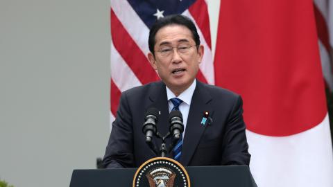 Japanese Prime Minister Fumio Kishida delivers remarks during a joint press conference with US President Joe Biden in the Rose Garden at the White House on April 10, 2024, in Washington, DC. (Photo by Win McNamee/Getty Images)