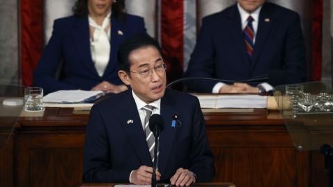 Japanese Prime Minister Fumio Kishida addresses a joint meeting of Congress in the House of Representatives at the US Capitol on April 11, 2024, in Washington, DC. (Photo by Chip Somodevilla/Getty Images)