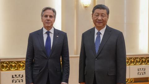 Secretary of State Antony Blinken meets with Chinese President Xi Jinping at the Great Hall of the People in Beijing, China, on April 26, 2024. (Photo by Mark Schiefelbein/POOL/AFP via Getty Images)