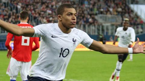 Kylian Mbappe celebrates his second goal for France on March 27, 2018. (Wikimedia Commons)