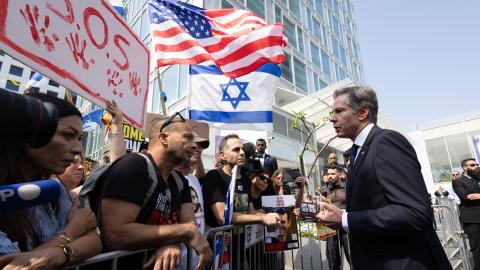 Secretary Antony J. Blinken speaks to families and supporters of the hostages held by Hamas outside a hotel in Tel Aviv, Israel, May 1, 2024. (Official State Department photo by Chuck Kennedy)