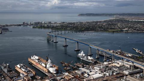 An aerial view of General Dynamics NASSCO shipyard on March 20, 2020 in San Diego, California. Deemed an essential part of the defense industrial base, NASSCO remains open despite the coronavirus (COVID-19) pandemic. (Photo by Sean M. Haffey/Getty Images)