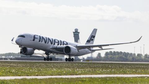A Finnair Airbus A350-900 takes off in Amsterdam on May 4, 2022 (Photo by Nicolas Economou/NurPhoto via Getty Images)