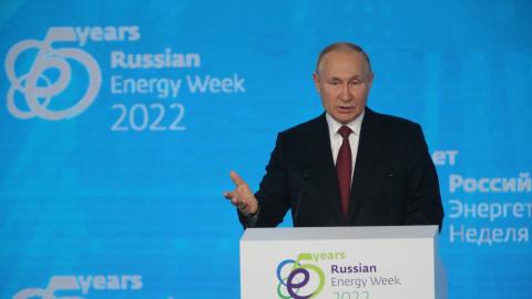 Russian President Vladimir Putin speaks during the plenary session of Russian Energy Week 2022 on October 12, 2022, in Moscow, Russia. (Getty Images)