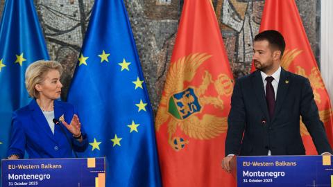 European Commission President Ursula Von der Leyen (L) and Montenegro's President Jakov Milatovic attend a joint press conference after their meeting in Podgorica, on October 31, 2023.  (Photo by SAVO PRELEVIC/AFP via Getty Images) 