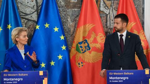 European Commission President Ursula Von der Leyen (L) and Montenegro's President Jakov Milatovic attend a joint press conference after their meeting in Podgorica, on October 31, 2023. (Photo by SAVO PRELEVIC/AFP via Getty Images)