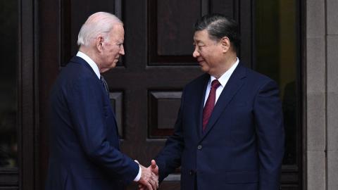 US President Joe Biden greets Chinese President Xi Jinping before a meeting during the Asia-Pacific Economic Cooperation (APEC) Leaders' week in Woodside, California, on November 15, 2023. (Photo by Brendan Smialowski/AFP via Getty Images)