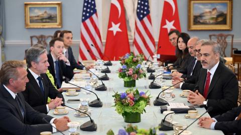 Secretary of State Antony Blinken takes part in a meeting with Turkish Foreign Minister Hakan Fidan in the Thomas Jefferson Room of the State Department in Washington, DC, on March 8, 2024. (Photo by Mandel Ngan/AFP via Getty Images)