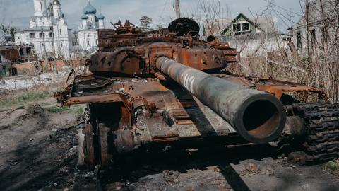 A destroyed Russian tank in Svitohirsk, Ukraine, on April 6, 2024. (Photo by Wojciech Grzedzinski/Anadolu via Getty Images)
