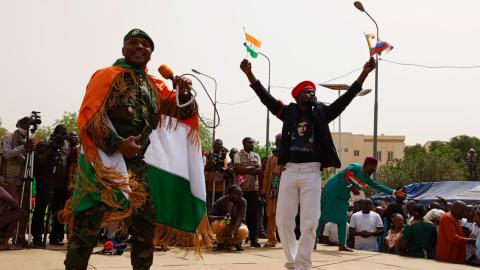 Nigerien soldiers stage a demonstration for the repeal of the military agreement that allows US military and civilian personnel to serve in the country on April 13, 2024. (Photo by Balima Boureima/Anadolu via Getty Images)