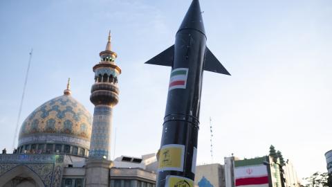 The View From Tehran A model of Iran's first-ever hypersonic missile, the Fattah, next to a mosque in Tehran, Iran, on April 15, 2024. (Photo by Morteza Nikoubazl/NurPhoto via Getty Images)