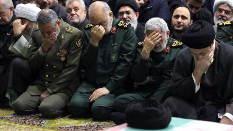 Iranian Revolutionary Guards Corps (IRGC) General Commander Hossein Salami and IRGC Quds Force Commander Ismail Qaani attend a funeral prayer for the late Iranian President Ebrahim Raisi, in Tehran, Iran, on May 22, 2024. (Photo by Iranian Leader Press Office/Anadolu via Getty Images)