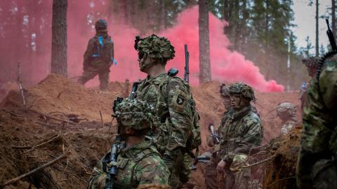 U.S. Army infantry Soldiers with Headquarters and Headquarters “Crusher” Company, 1st Battalion, 187th Infantry Regiment “Leader Rakkasans,” 3rd Brigade Combat Team, 101st Airborne Division (Air Assault), supporting 3rd Infantry Division, wait for further instruction during a force on force exercise near Tapa, Estonia, April 14, 2024. (U.S. Army photo by Spc. Trey Gonzales)