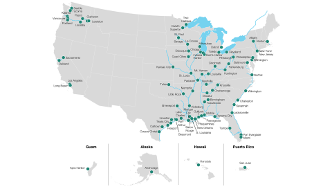 Notes: Blue lines represent select US marine highways and other waterways. Non-contiguous states and territories are not shown to scale. Source: Adapted from US Port and Inland Waterways Modernization: Preparing for Post-Panamax Vessels (Alexandria, VA: US Army Corps of Engineers Institute for Water Resources, 2012). Map, inland waterways, canals, transit, cargo, shipping, shipbuilding, river, rivers, barge.