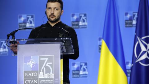 Ukrainian President Volodymyr Zelensky speaks during a joint press conference at the NATO Summit on July 11, 2024, in Washington, DC. (Kevin Dietsch via Getty Images)