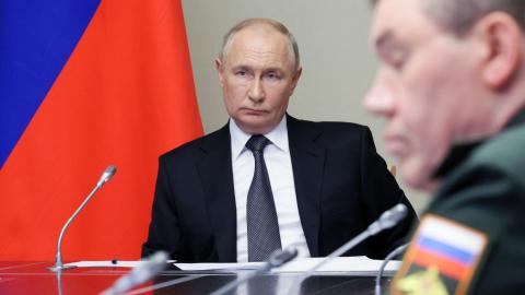 Russia's President Vladimir Putin sits in a meeting regarding the situation in the Kursk region on August 12, 2024, in his residence in Novo-Ogaryovo. (Gavriil Grigorov/AFP via Getty Images)