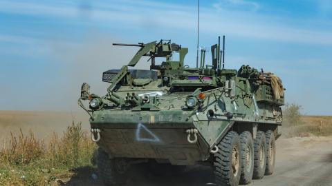 A Stryker fighting vehicle drives down the street on August 30, 2024, in Kursk Region, Russia. (Oleg Palchyk/Global Images Ukraine via Getty Images)