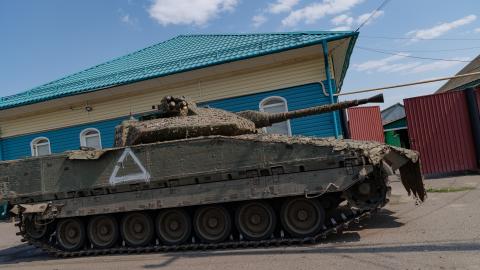 The Combat Vehicle 90 (CV90) drives down the street on August 27, 2024, in Kursk Region, Russia. (Oleg Palchyk/Global Images Ukraine via Getty Images)