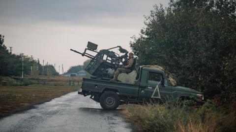 A Ukrainian soldier sits behind an MR-2 Viktor anti-aircraft system on September 11, 2024, in Sudzha, Kursk Region, Russia. (Oleg Palchyk/Global Images Ukraine via Getty Images)