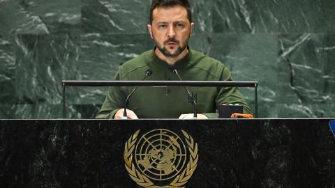 Ukrainian President Volodymyr Zelensky speaks during the UN General Assembly in New York on September 23, 2024. (Timothy A. Clary/AFP via Getty Images)