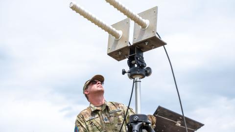 U.S. Space Force Tech. Sgt. Vince Couch, 527th Space Aggressor Squadron (SAS), conducts Global Positioning System (GPS) electromagnetic interference training with a GPS electromagnetic attack system at Schriever Space Force Base, Colorado, July 18, 2023. (DVIDS)