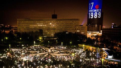 People gather on November 17, 2019, in Bratislava, Slovakia, as part of the commemorations of the peaceful Velvet Revolution that toppled the Communist regime in former Czechoslovakia 30 years ago. (Vladimir Simicek/AFP via Getty Images)
