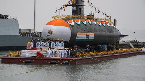 A Scorpène-class submarine is launched at Mazagon Dock in Mumbai on April 20, 2022. (Ashish Vaishnav via Getty Images)