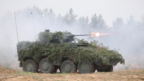 Soldiers take part in the combat shooting exercises of the Lithuanian army and the French-German brigade at the General Silvestras Zukauskas Training Area in Pabrade, Lithuania, on May 6, 2024. (Photo by PETRAS MALUKAS / AFP) (Photo by PETRAS MALUKAS/AFP via Getty Images)
