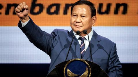 Indonesia's President-elect Prabowo Subianto speaks during the NasDem party congress in Jakarta on August 27, 2024. (Yasuyoshi Chiba/AFP via Getty Images)