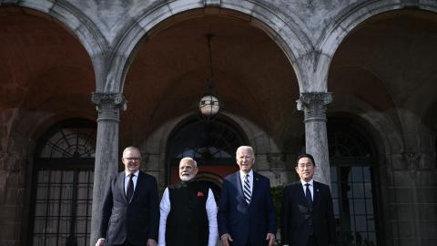 US President Joe Biden participates in a Quadrilateral Summit family photo with Australian Prime Minister Anthony Albanese, Indian Prime Minister Narendra Modi, and Japanese Prime Minister Fumio Kishida at the Archmere Academy in Wilmington, Delaware, on September 21, 2024. (Brendan Smialowski/AFP via Getty Images)