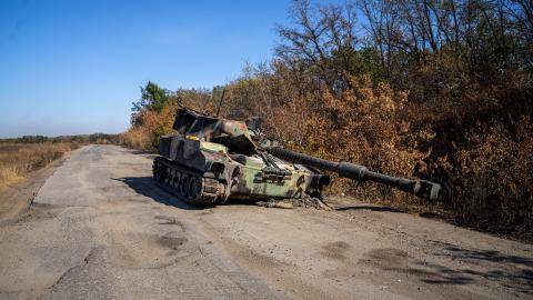 A view of burned and abandoned Ukrainian armored vehicle in Ukraine on October 2, 2024. (Fermin Torrano/Anadolu via Getty Images)